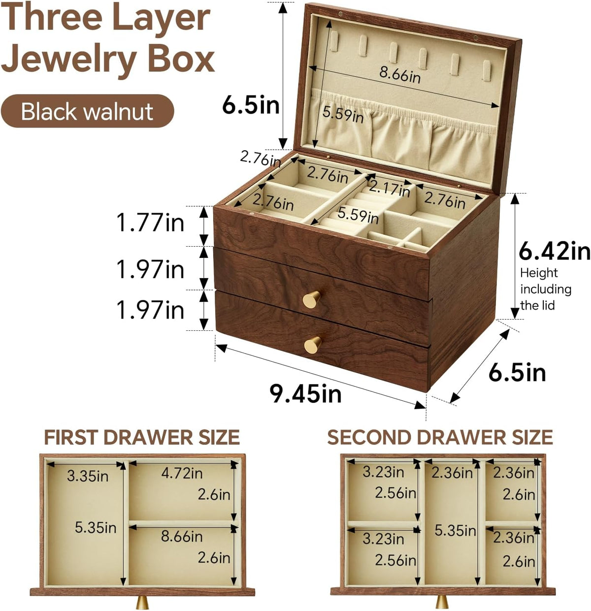 Black Walnut 3 Layer Wooden Jewelry Box Organizer