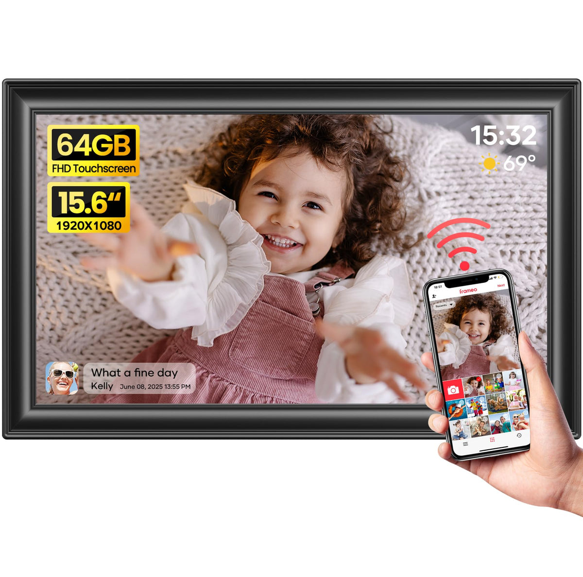 64GB 15.6" Frameo Digital Picture Frame WiFi, Large Electronic Photo Frames
