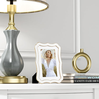4x6 Enamel Picture Frame with HD-Tempered Glass, Display 3x5 Photo with Mat, Ornate Photo Frame with Gold Metal Edge & Velvet Back for Tabletop & Wall Mount Vertically or Horizontally Display, White
