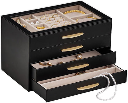 Lolalet Jewelry Box Organizer Case with Glass Lid for Women -4Layer, Black