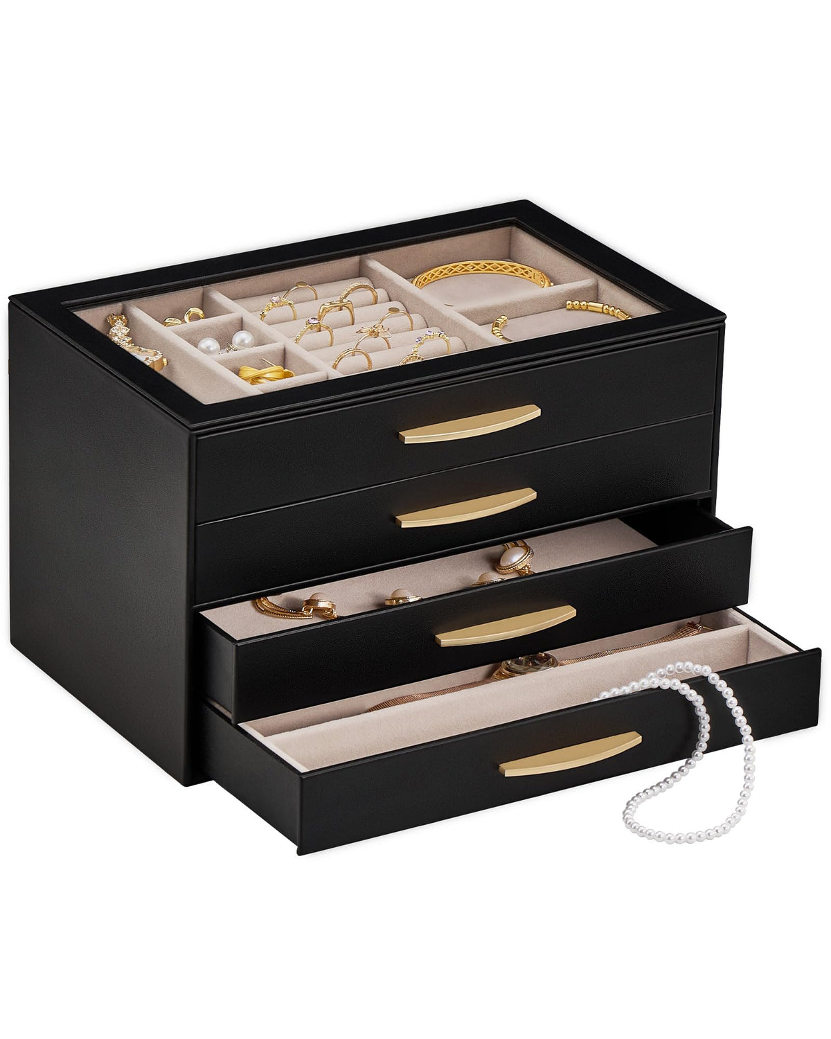 Lolalet Jewelry Box Organizer Case with Glass Lid for Women -4Layer, Black