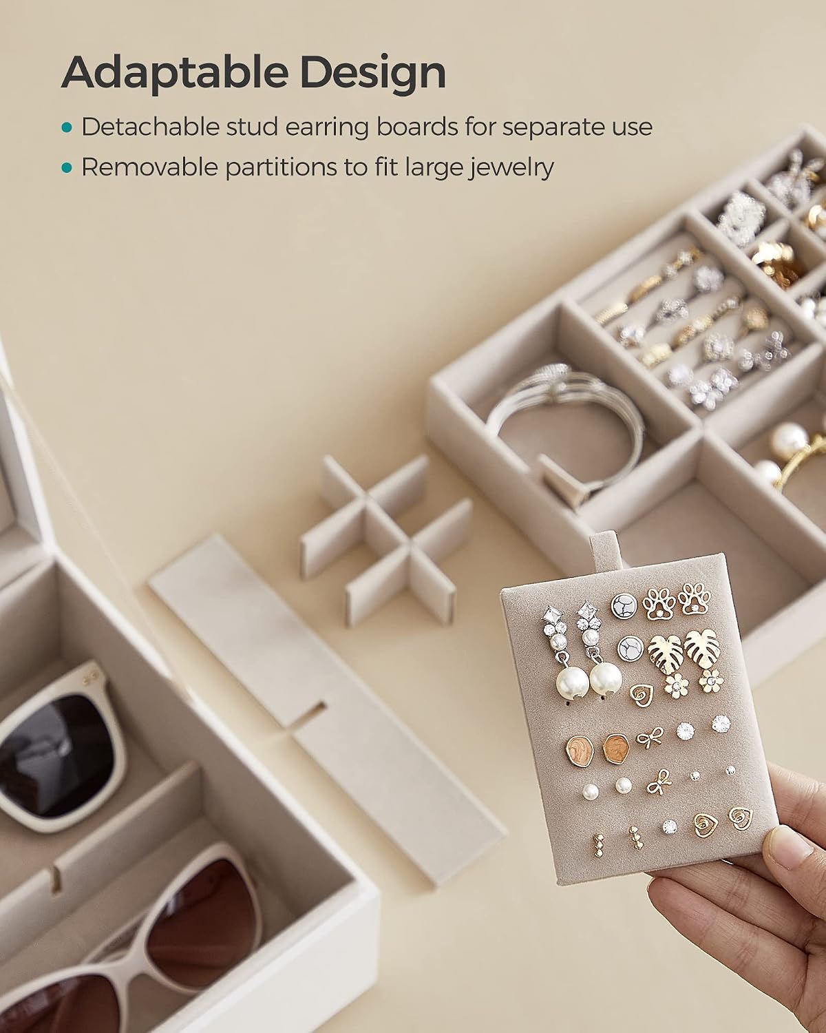 SONGMICS 2-Layer Jewelry Box with Handle, Removable Tray, Floating Effect