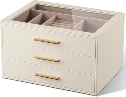 Jewelry Box Organizer Storage Case, 3-Layer with Glass Window, White