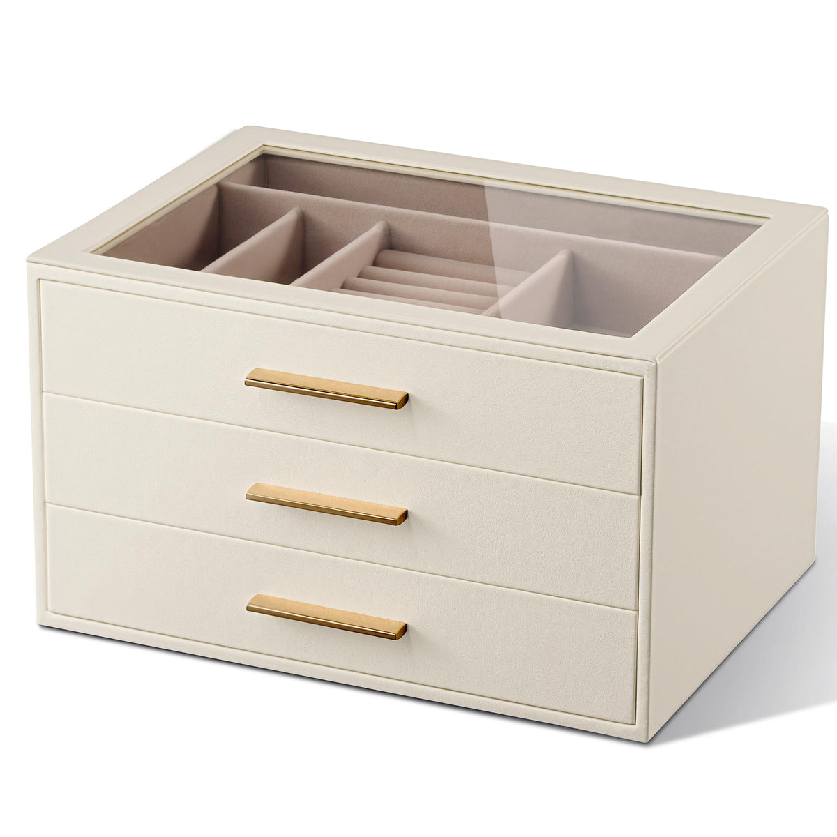 Jewelry Box Organizer Storage Case, 3-Layer with Glass Window, White