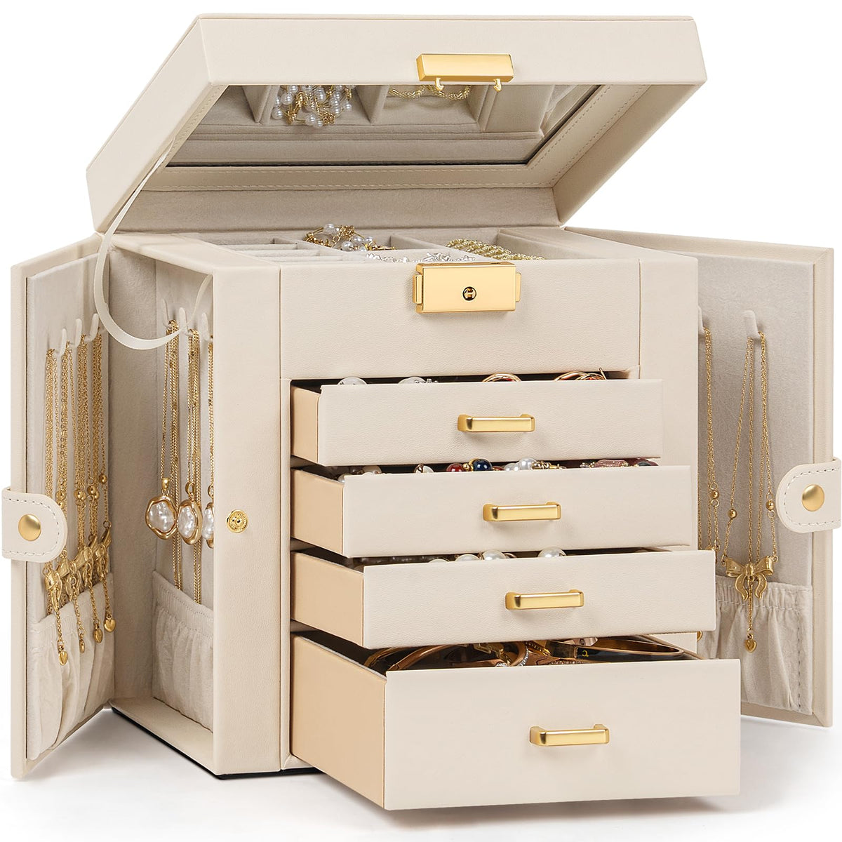 TORIBIO Jewelry Box for Women, Leather Jewelry Organizer with Mirror & Lock, 3-Tier Jewelry Storage Organizer with 2 Drawers for Girls/Women/Mothers, Necklace Earring Bracelets Holder Organizer