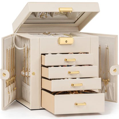 TORIBIO Jewelry Box for Women, Leather Jewelry Organizer with Mirror & Lock, 3-Tier Jewelry Storage Organizer with 2 Drawers for Girls/Women/Mothers, Necklace Earring Bracelets Holder Organizer