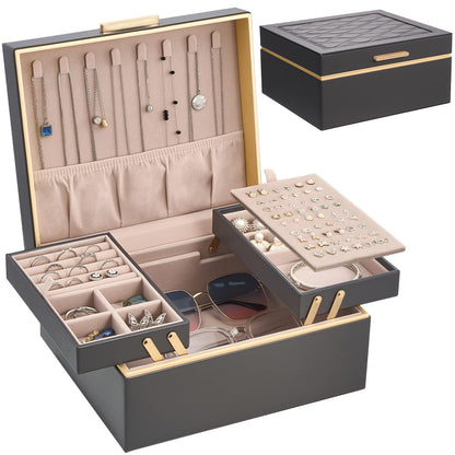 Lolalet Jewelry Box for Women Girls, 2 Layer Jewelry Organizer -Cream