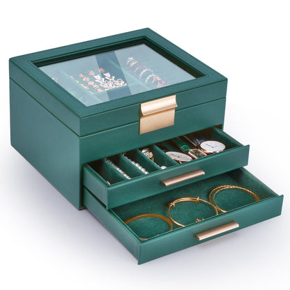 Jewelry Box for Women, 3-Layer Jewelry Box, Jewelry Organizer with Clear Glass Lid and Drawers, Jewelry Organizers and Storage for Necklaces, Rings, Earrings, Bracelets(White)