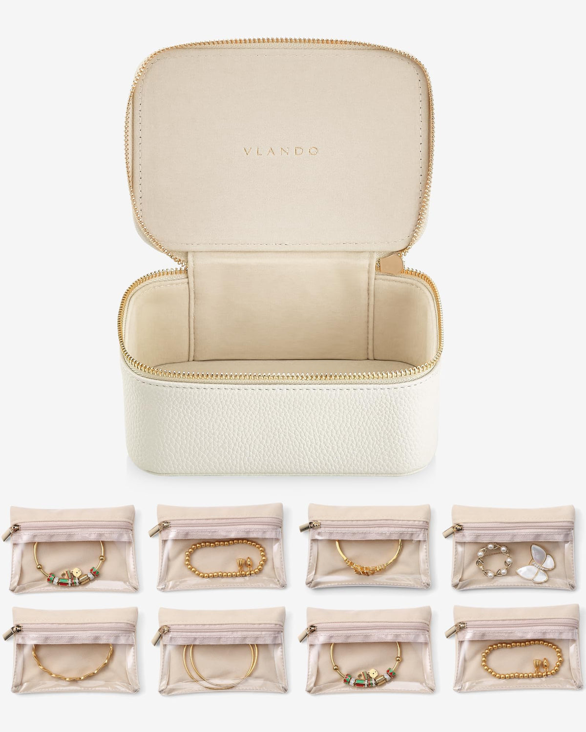 VLANDO Jewelry Boxes for Women with 12 Clear Velvet Zipper Pouches,Green