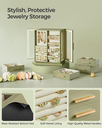 SONGMICS Jewelry Box Organizer, 360° Rotating, 5 Drawers, Laurel Green
