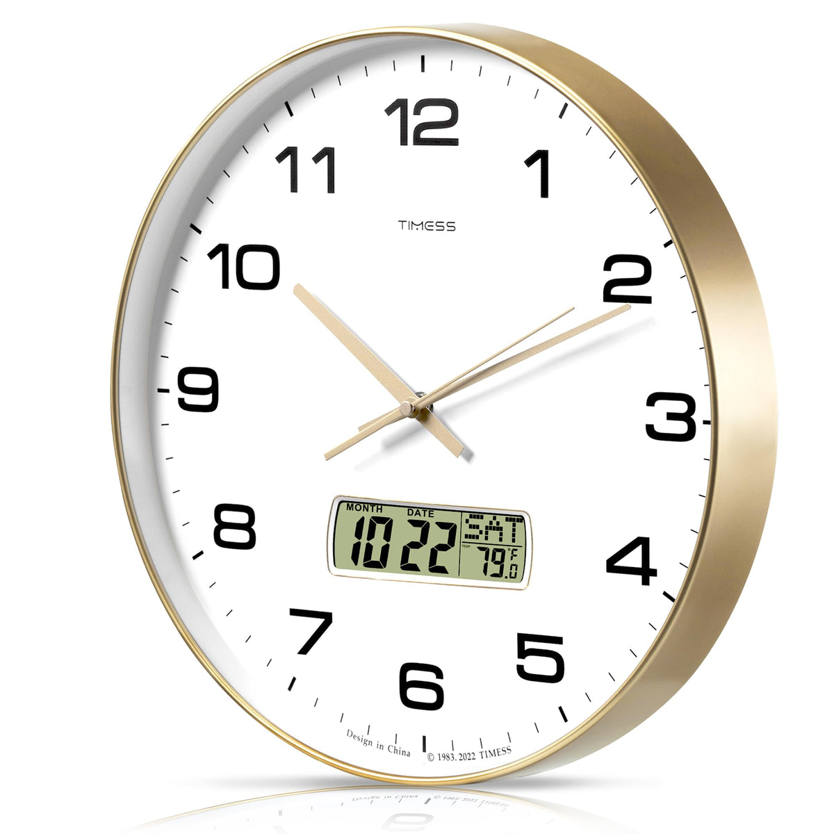 TIMESS 12-Inch Non-Ticking Analog Wall Clock with LCD Display, Blue