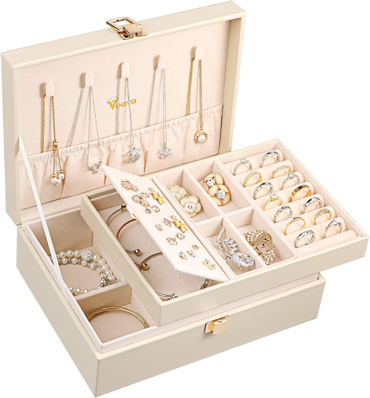 Voova 2 Layer Jewelry Box Organizer with Removable Tray, Vintage Gift, Apricot