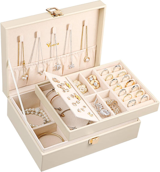 Voova 2 Layer Jewelry Box Organizer with Removable Tray, Vintage Gift, Apricot