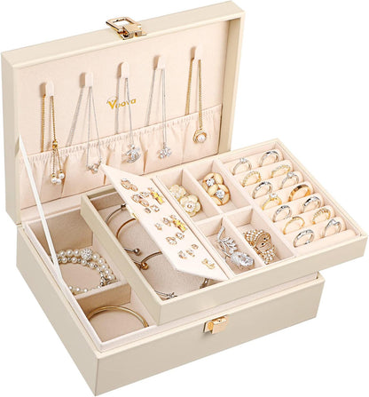 Voova 2 Layer Jewelry Box Organizer with Removable Tray, Vintage Gift, Apricot