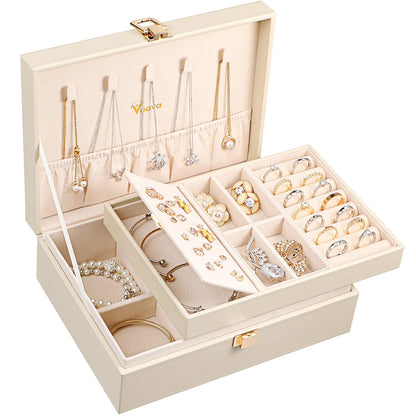 Voova 2 Layer Jewelry Box Organizer with Removable Tray, Vintage Gift, Apricot