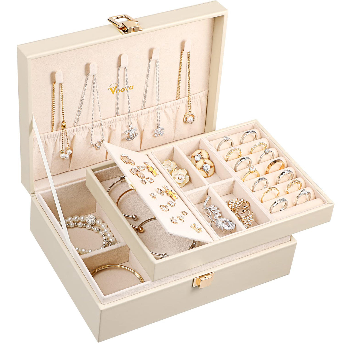 Voova 2 Layer Jewelry Box Organizer with Removable Tray, Vintage Gift, Apricot