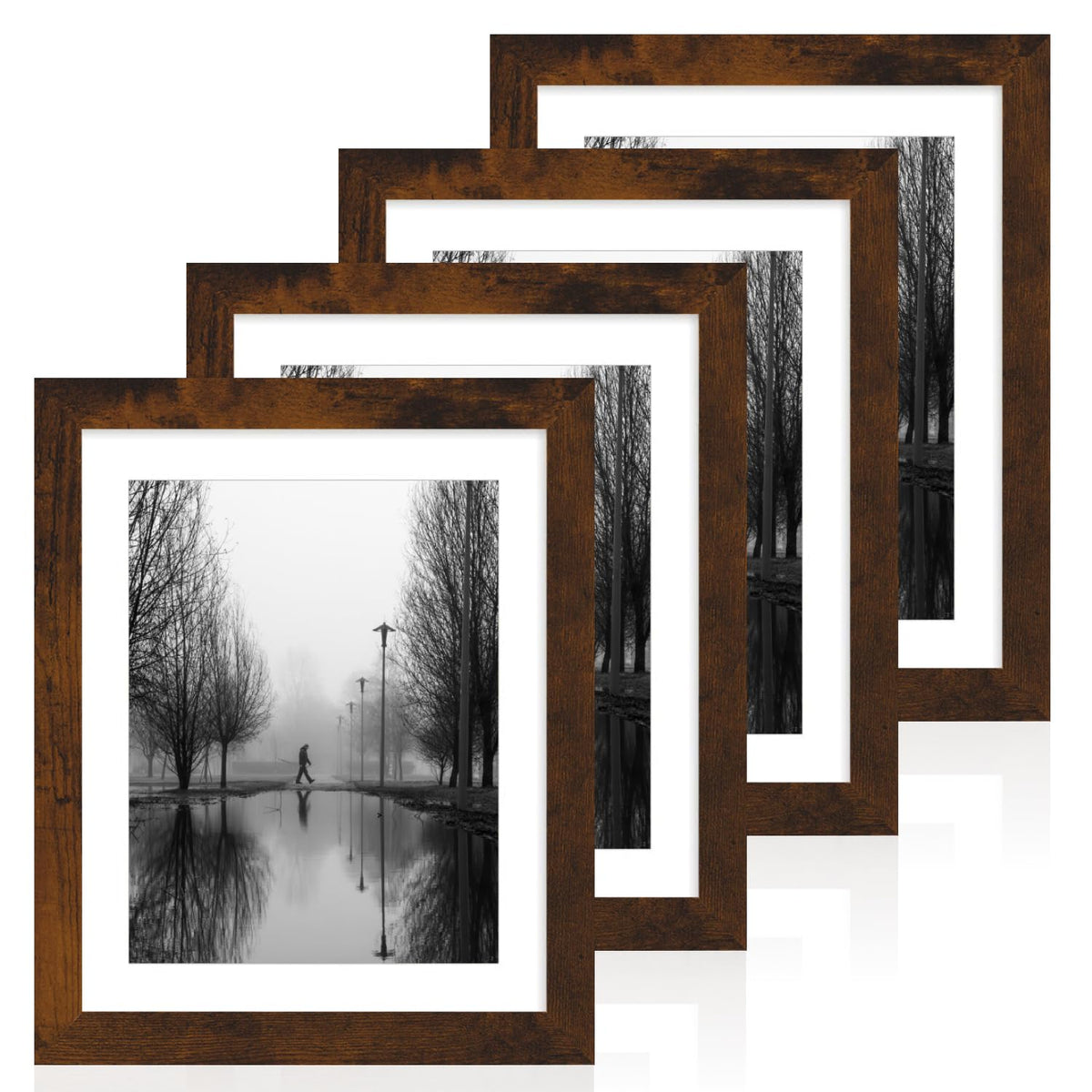 iRahmen 5x7 Picture Frame Set of 4, High Definition Real Glass Rustic Brown Frame, 5 x 7 Wood Photo Frames for Tabletop Display and Wall Mounting