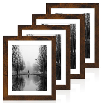 iRahmen 5x7 Picture Frame Set of 4, High Definition Real Glass Rustic Brown Frame, 5 x 7 Wood Photo Frames for Tabletop Display and Wall Mounting