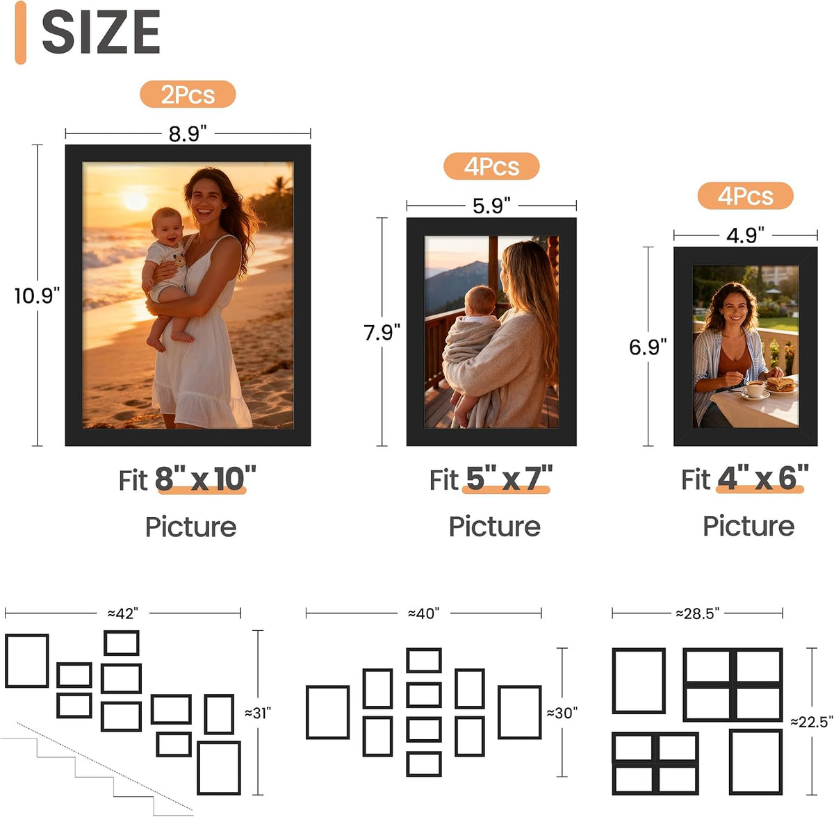 upsimples Picture Frames Set of 10, Including 8x10, 5x7, 4x6 Black Frame