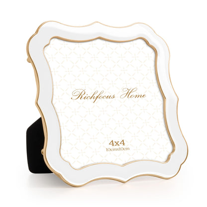4x6 Enamel Picture Frame with HD-Tempered Glass, Display 3x5 Photo with Mat, Ornate Photo Frame with Gold Metal Edge & Velvet Back for Tabletop & Wall Mount Vertically or Horizontally Display, White