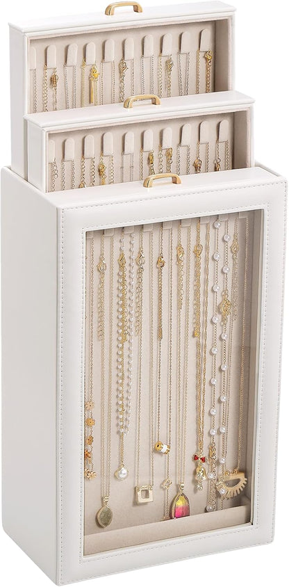 Lolalet Necklace Organizer Box, Jewelry Display Case, White, 3 Layers