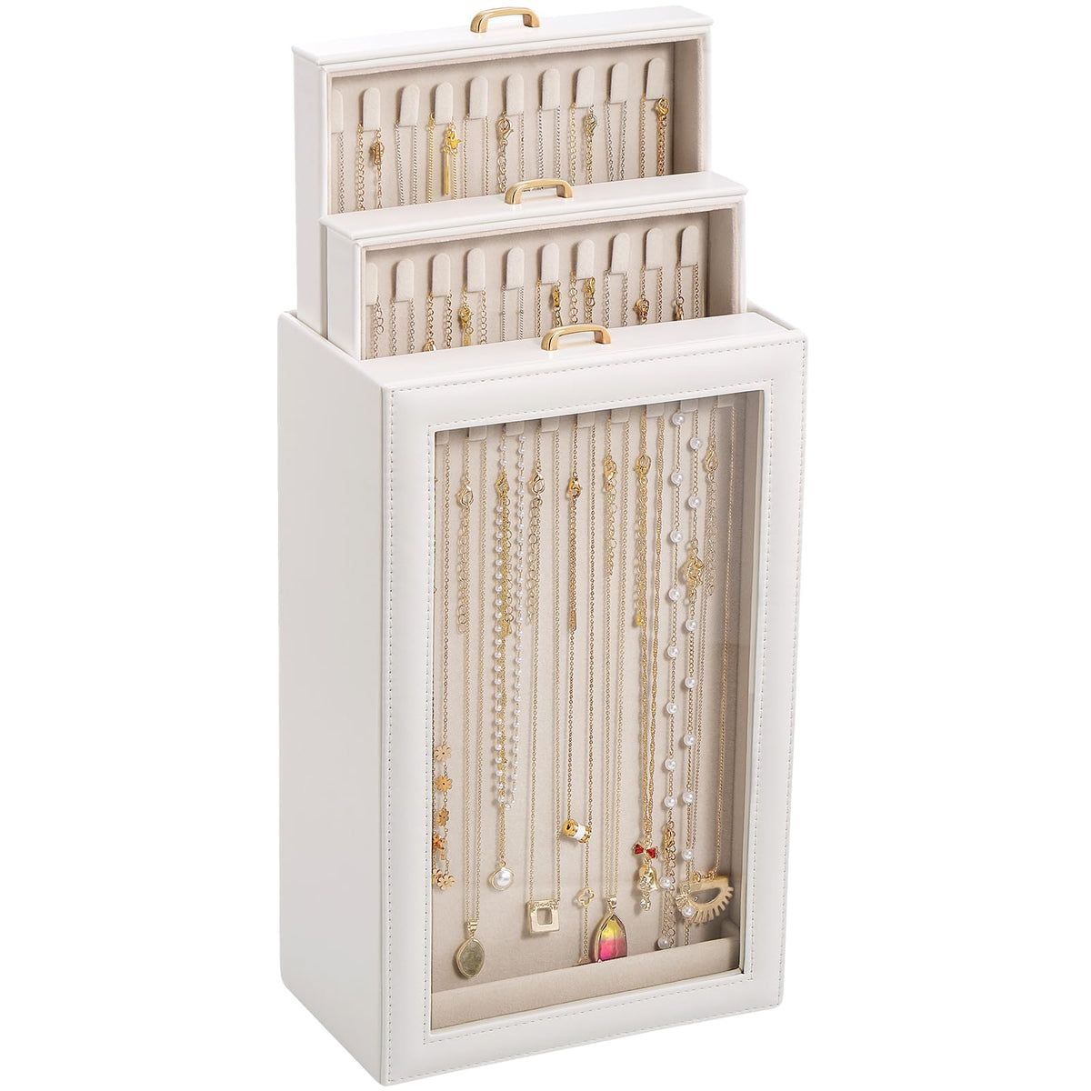 Lolalet Necklace Organizer Box, Jewelry Display Case, White, 3 Layers
