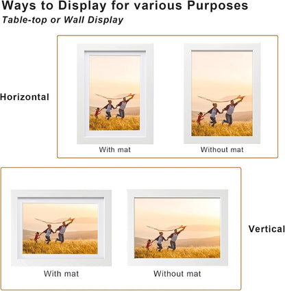 KINLINK 5x7 Picture Frame White Set of 4, Wooden Photo Frames Matted 4x6 with Plexiglass for 4x6 with Mat or 5x7 without Mat for Table and Wall Display