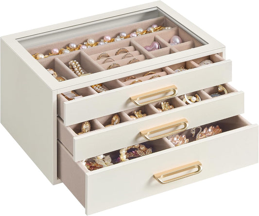 SONGMICS 3-Layer Jewelry Box with Glass Window, 3 Drawers, Golden Handles