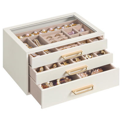 SONGMICS 3-Layer Jewelry Box with Glass Window, 3 Drawers, Golden Handles