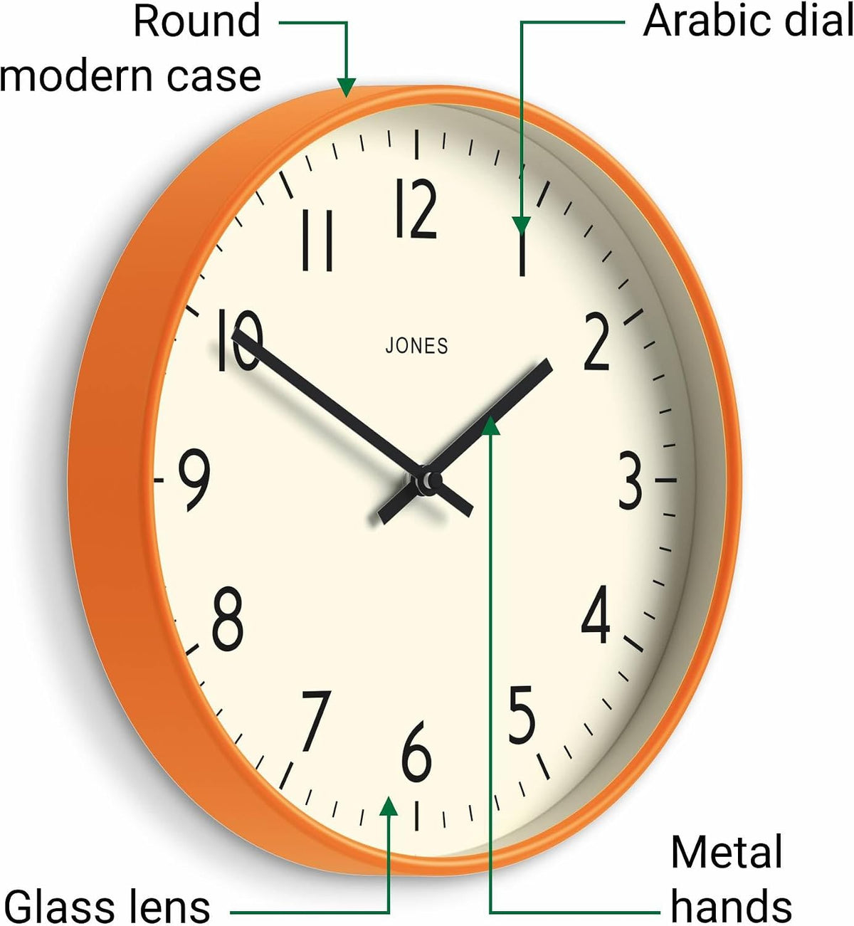 JONES CLOCKS® Studio Clock | Modern Round wall Clock | 12" | Orange