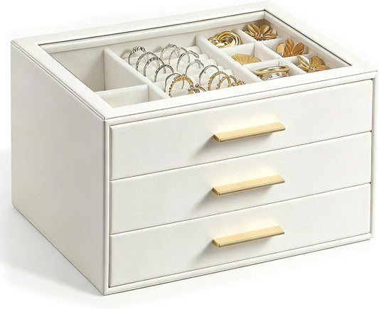 GUOER Jewelry Box for Women, Glass Lid Jewelry Organizer with 3 Drawers PU Jewelry Storage Case for Necklaces Rings Earrings Bracelets, Mother's Day, White