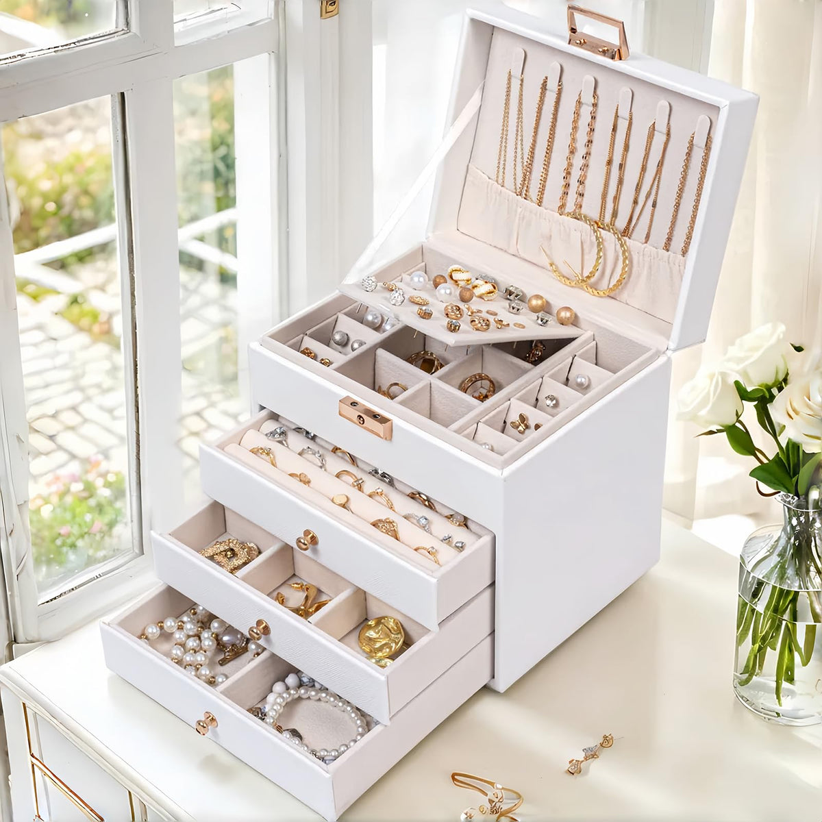 Leather Jewelry Box with Lock for Women, 4-Tier 3-Drawer Jewelry Organizer