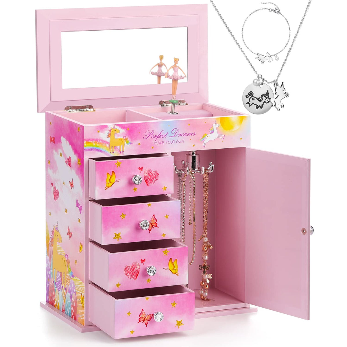 Jewelry Box for Girls 5-Layer with Swing Door Spinning Ballerina Unicorn &Castle Design Unicorn Jewelry Set Included Kids Music Box for Little Girls Birthday Christmas Gift (White)
