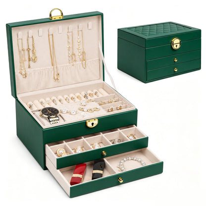 Jewelry Boxes for Women Girl Large PU Leather Jewelry Organizer Box with Lock Jewelry Organizers and Storage Case with Two drawers Display for Earrings Bracelets Rings Watches