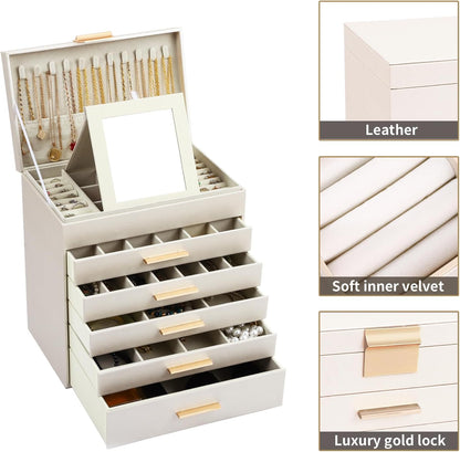 BOOVO Jewelry Boxes for Women, White and Black 6 Layer Large Jewelry Box for Necklace, Bracelet, Earrings, Rings Storage, Jewelry holder Organizer for Girls Gift (Champagne, 6 layer)