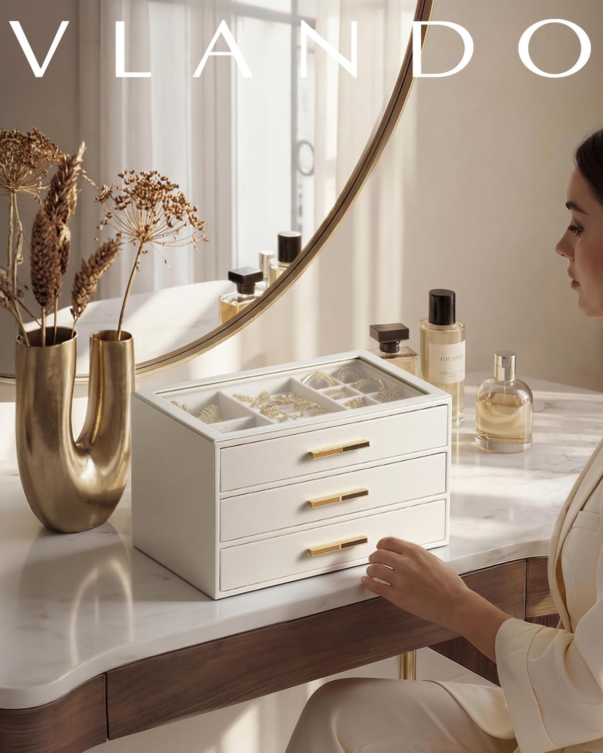 VLANDO Jewelry Box Organizer, 3-Layer Storage Drawers, Glass Window, Modern