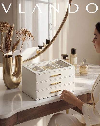 VLANDO Jewelry Box Organizer, 3-Layer Storage Drawers, Glass Window, Modern