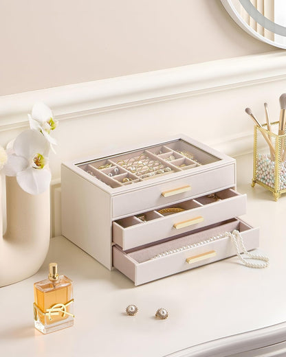 Lolalet Jewelry Box Organizer, 3-Layer Jewelry Storage Case -Beige