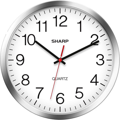 Sharp 12-Inch Battery Wall Clock, Silent Non-Ticking, Easy-Read, Silver