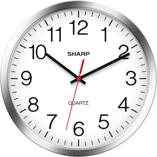 Sharp 12-Inch Battery Wall Clock, Silent Non-Ticking, Easy-Read, Silver