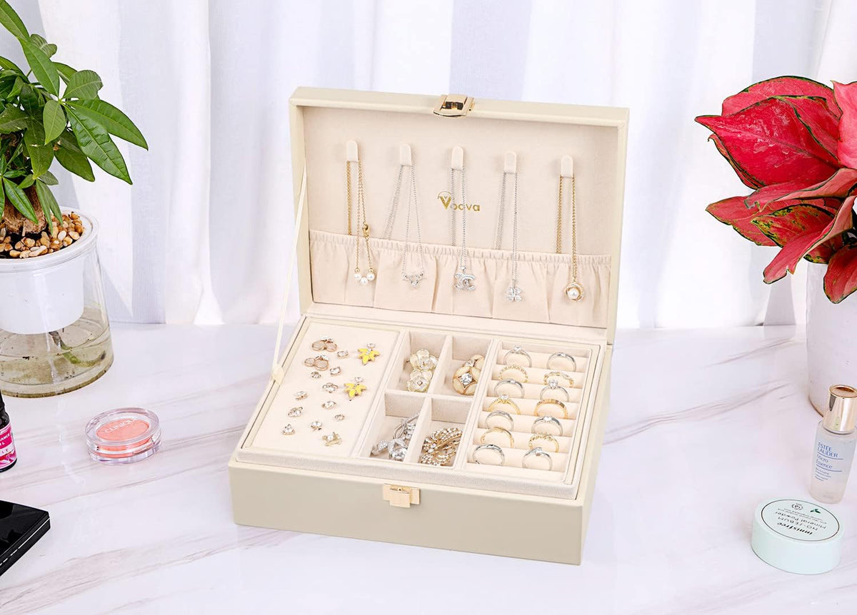Voova 2 Layer Jewelry Box Organizer with Removable Tray, Vintage Gift, Apricot