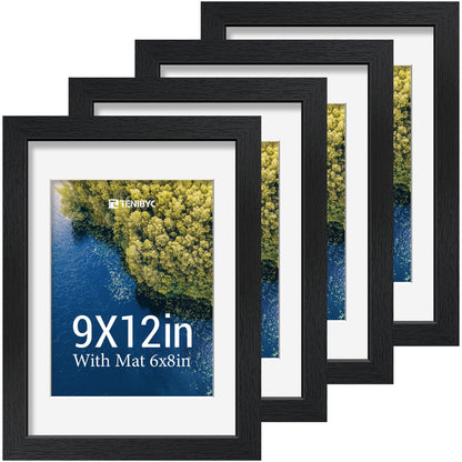 5x7 picture frame 4 Pack, 4x6 Mat, Black Wood, Glass, for Photo