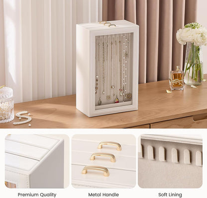 Lolalet Necklace Organizer Box, Jewelry Display Case, White, 3 Layers