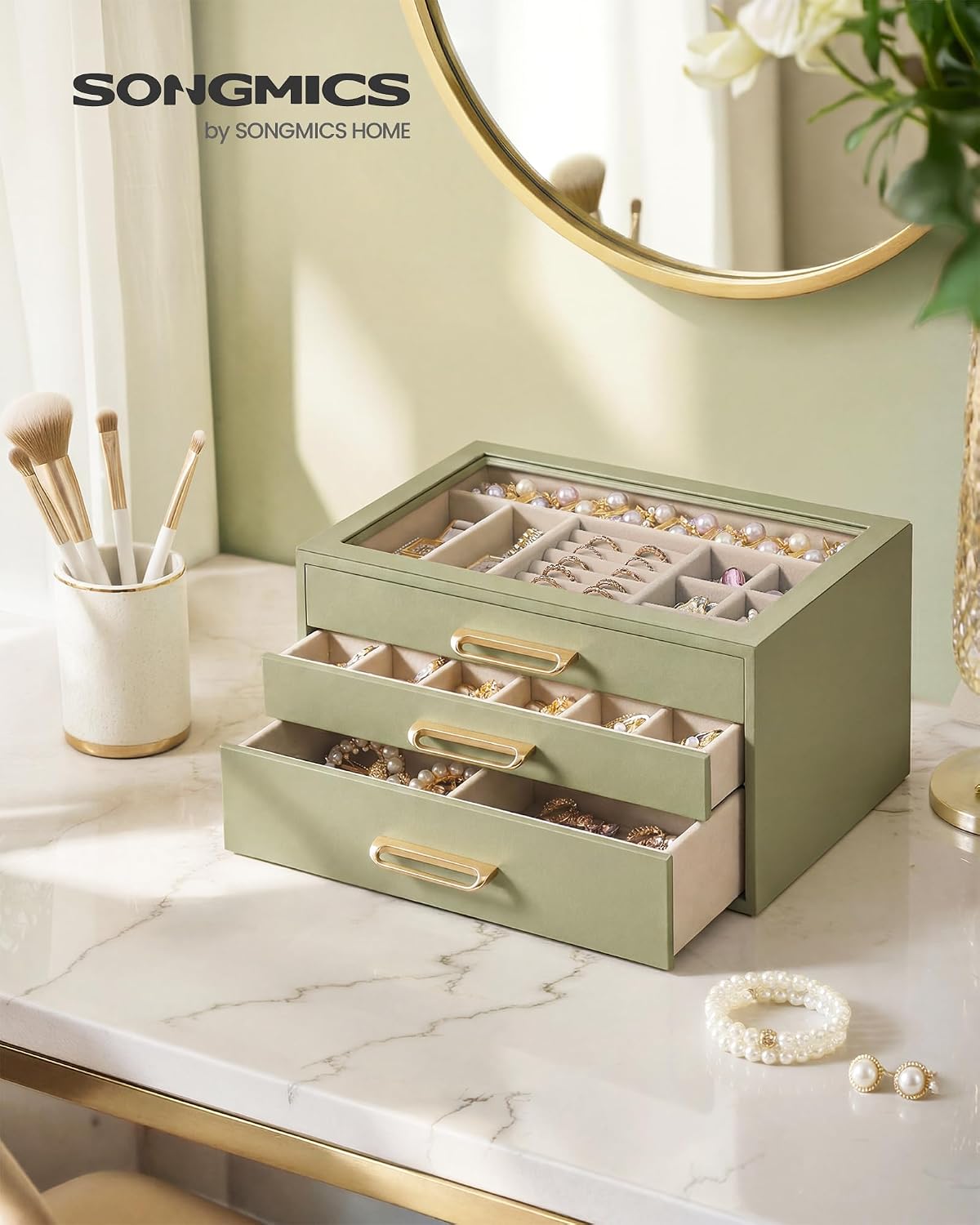 SONGMICS 3-Layer Jewelry Box with Glass Window, 3 Drawers, Golden Handles