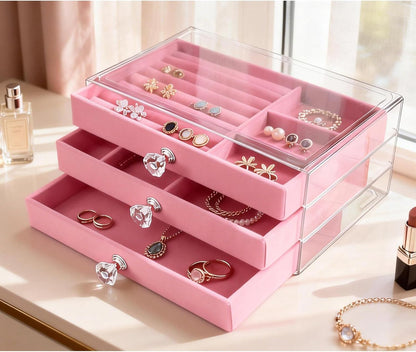 Clear Acrylic Velvet Jewelry Organizer with 3 Drawers, Stackable Display Storage Earrings Necklace Rings Bracelets Box Holder Case for Women, Pink