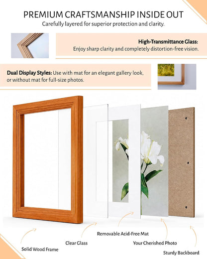 8x10 Wooden Picture Frame, Displays 8x10 Without Mat or 5x7 With Mat, Solid Wood Colorful Photo Frame for Wall Tabletop, Real Glass, Rustic Stepped Edge, 2 Pack, Brown