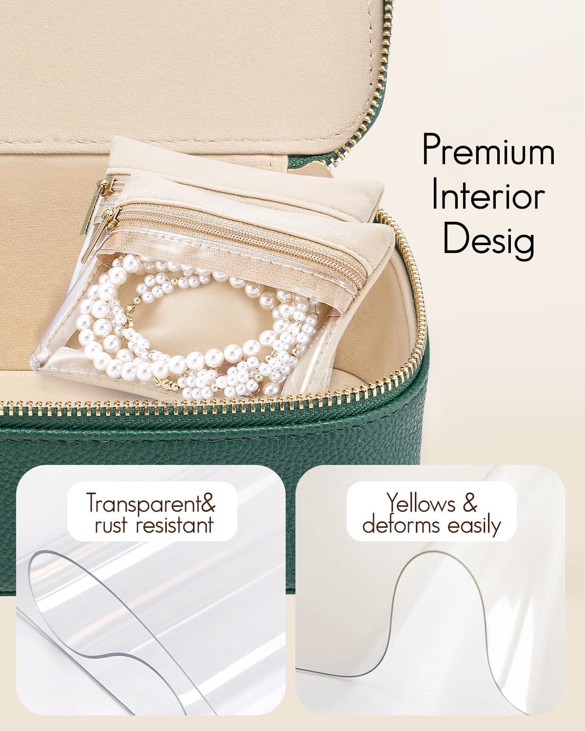 VLANDO Jewelry Boxes for Women with 12 Clear Velvet Zipper Pouches,Green