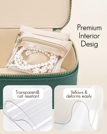 VLANDO Jewelry Boxes for Women with 12 Clear Velvet Zipper Pouches,Green