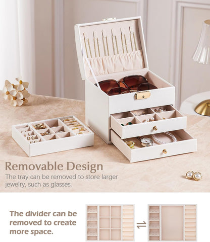 Homde Small Jewelry Box for Girls: 3-Layer Lockable Organizer (Cloud White)
