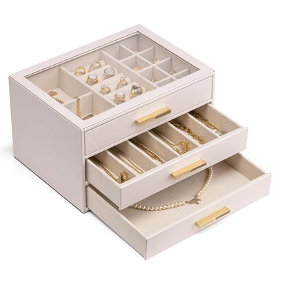 Vlando 4-Drawer Jewelry Box Organizer with Glass Lid, White